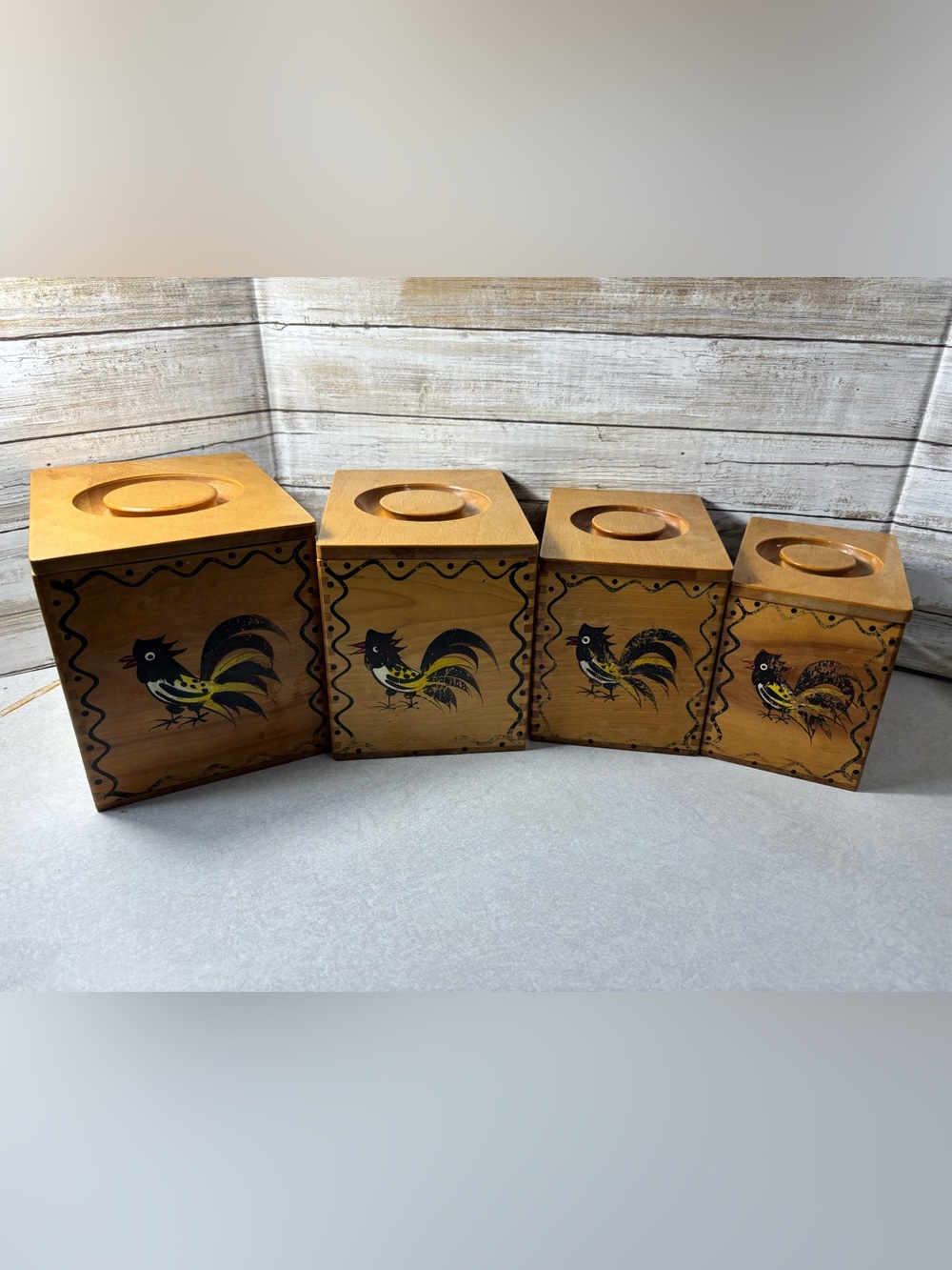Full set of 4 vintage 50s wooden canisters
